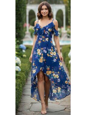 NWT By & By high low dress in cobalt blue with floral print and ruffle detail